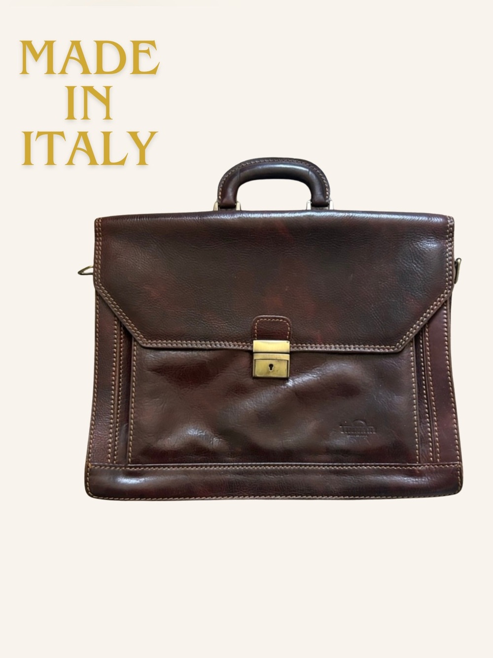 Timmary Classic Brown Leather Men's Briefcase with Gold-Tone Lock
